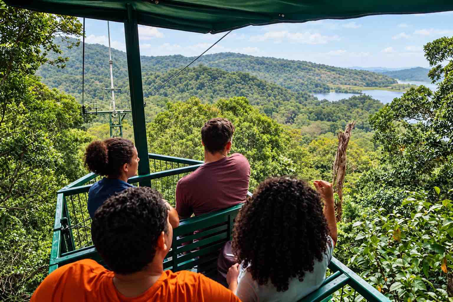Passengers riding in a green aerial tram above the rainforest with distant water and hills in Panama