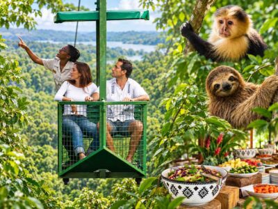 Gamboa Rainforest Tour montage featuring aerial tram guests, a capuchin monkey, a sloth and buffet lunch.