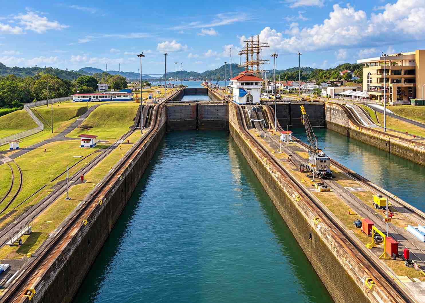 Miraflores Locks at the Panama Canal Miraflores Locks chambers viewed from the Panama Canal Visitor Center
