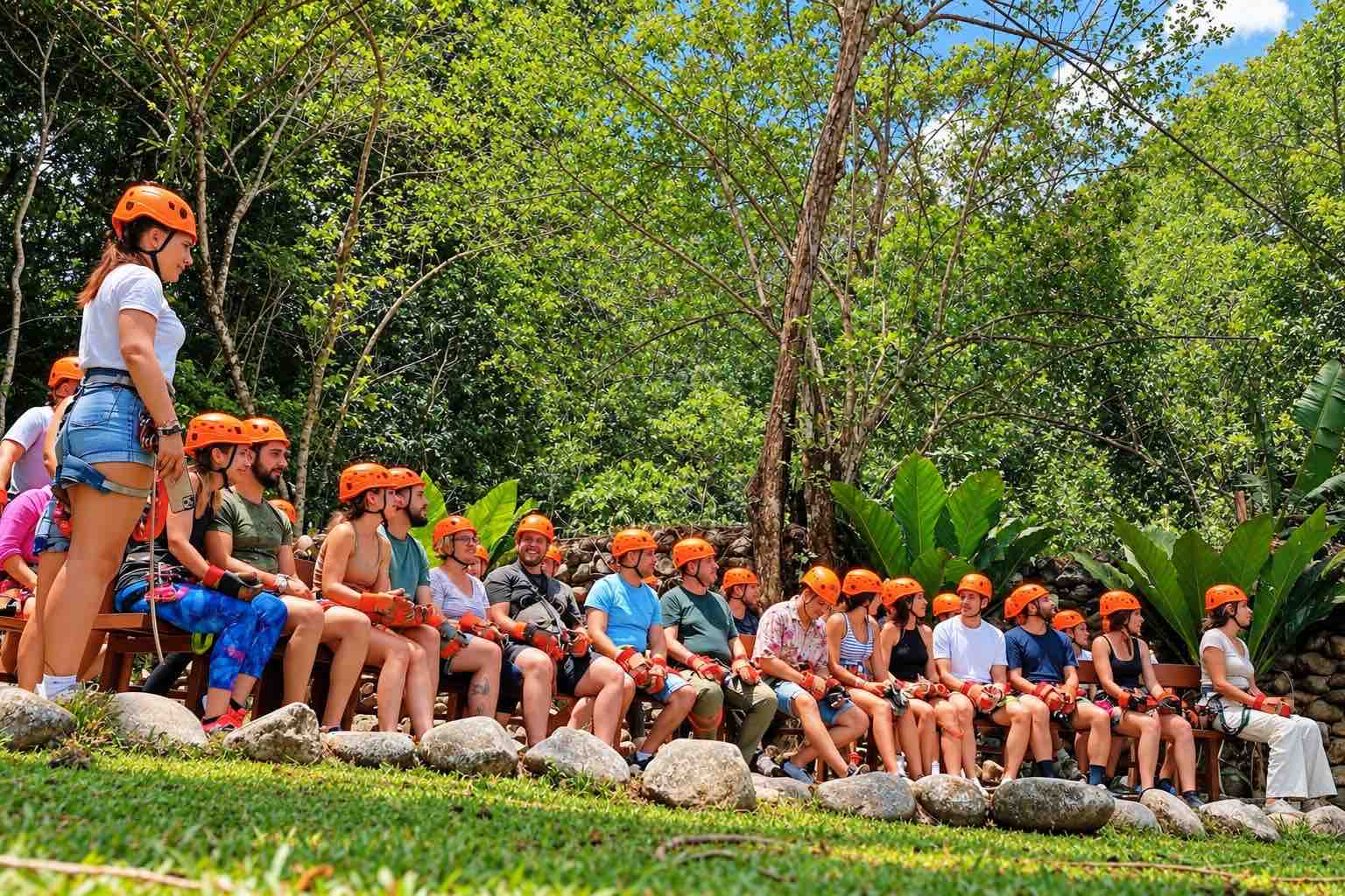 Zipline Panama – Group Briefing in the Rainforest Helmeted guests seated in a rainforest clearing for the Zipline Panama briefing