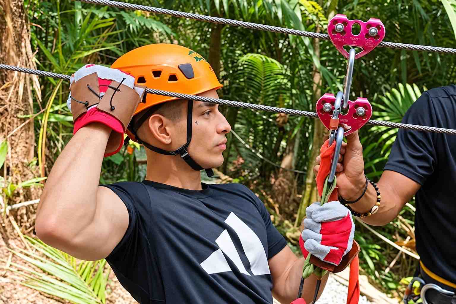 Man in an orange helmet holding zipline equipment beside an instructor on the Zipline Panama circuit
