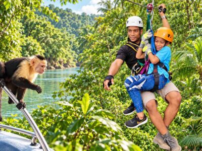 Blended cover showing a Monkey Island capuchin and an instructor accompanying a child on the Zipline Panama course.