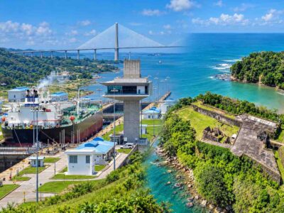 Panama Canal Shore Excursion From Colón – Agua Clara &Amp; Fort San Lorenzo Blended cover for a Panama Canal shore excursion showing a cargo ship at Agua Clara Locks and Fort San Lorenzo beside the Caribbean coast