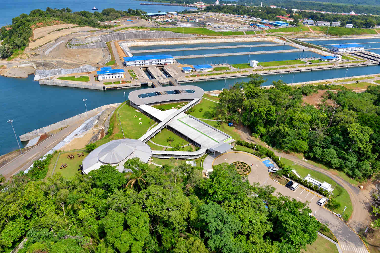 Aerial view of the Agua Clara visitor center and canal locks.