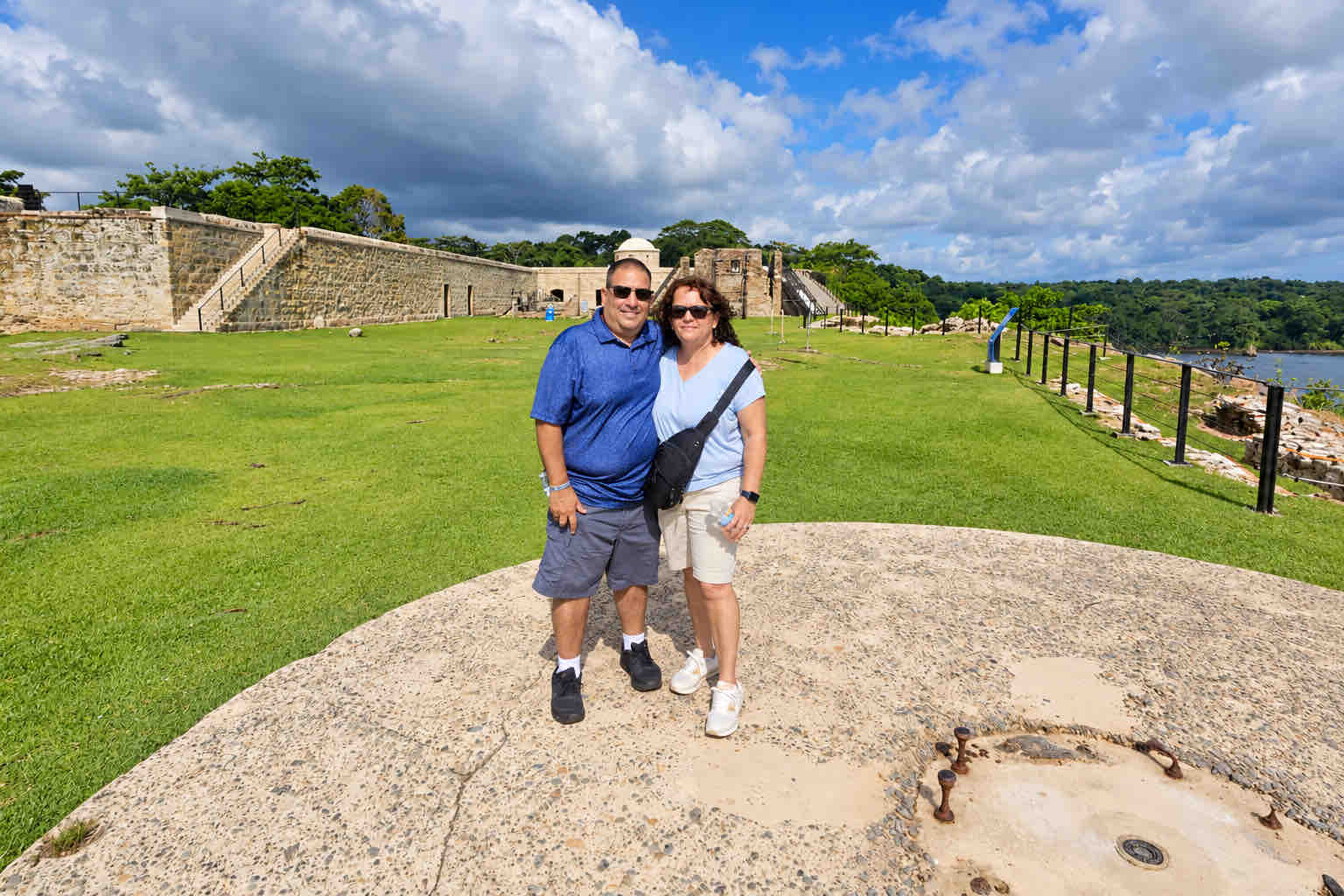 Couple posing in a historic San Lorenzo fort courtyard on a Panama Canal Shore Excursion from Colón