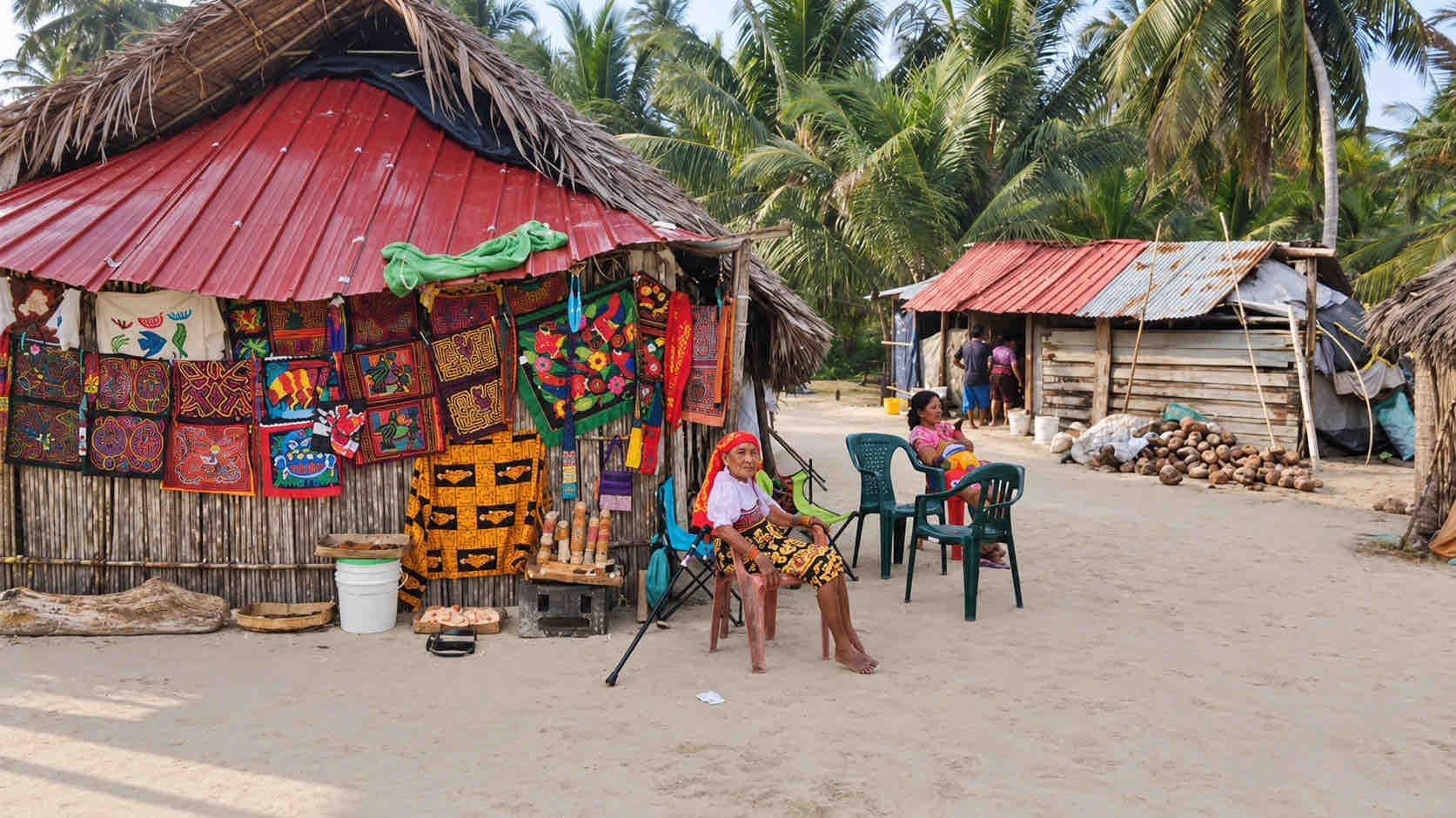 Colorful mola textiles displayed outside a rustic island stall in San Blas