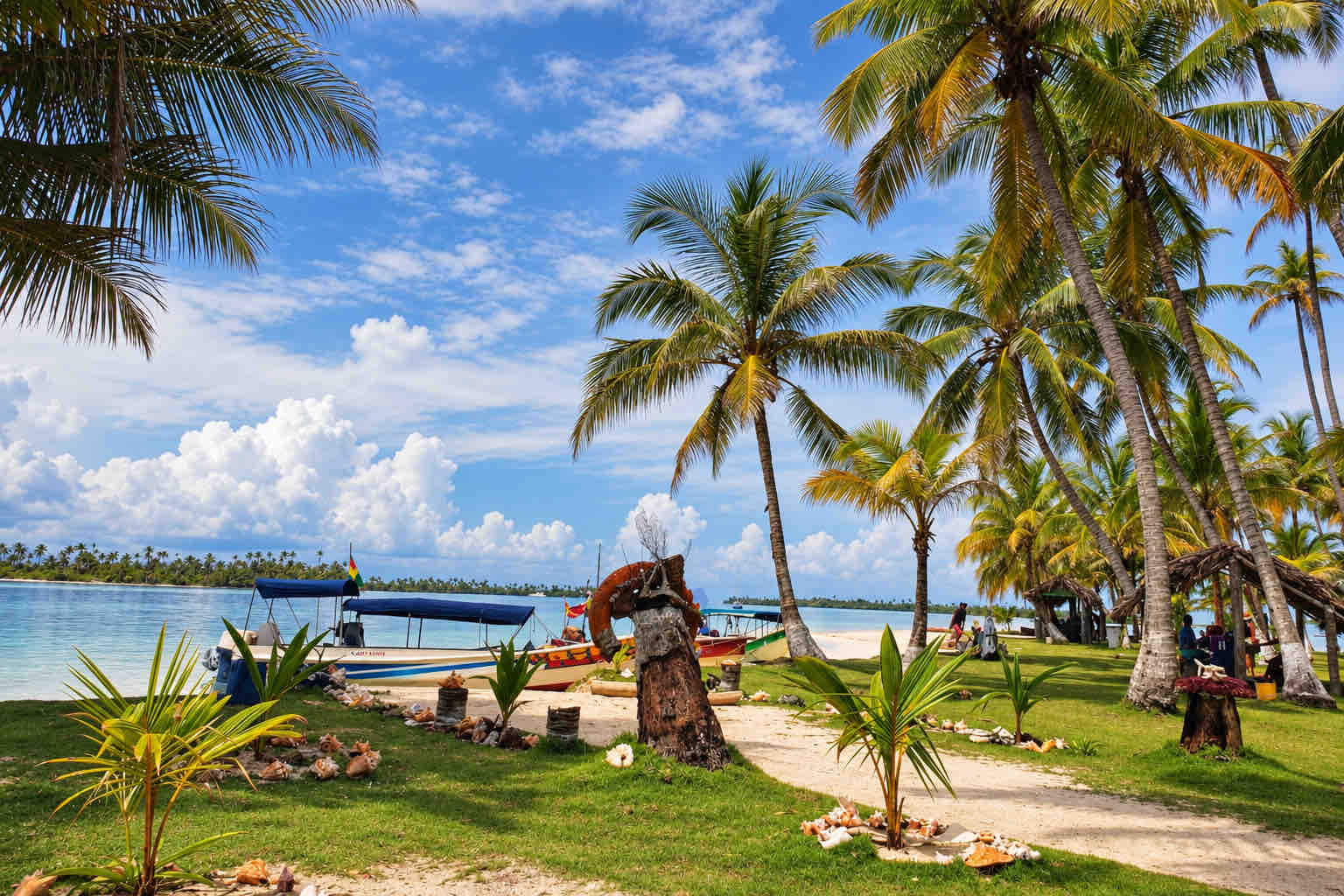 Palm trees beside a sandy shoreline and boats during a San Blas tour.